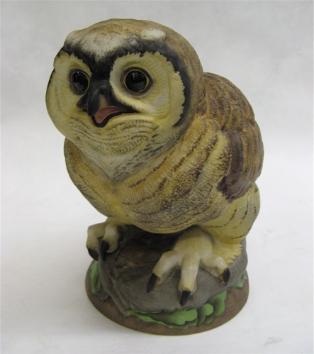 Appraisal: BOEHM PAINTED PARIAN PORCELAIN FLEDGLING OWL Great Horn perched on