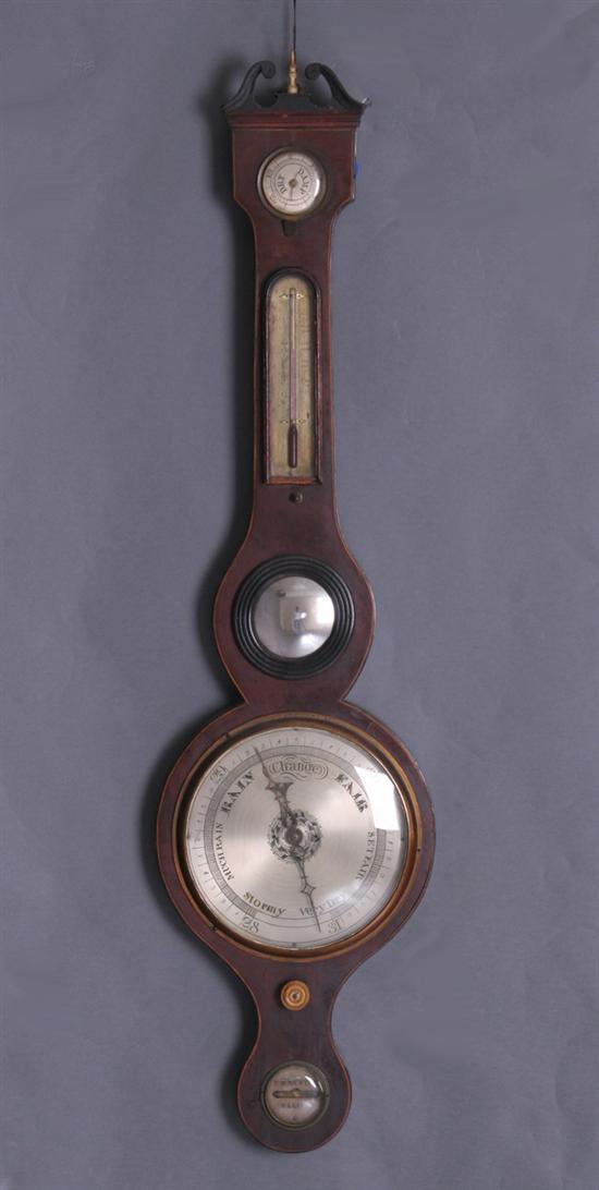 Appraisal: F M NEWTON MAHOGANY WHEEL BAROMETER Early th century Damp