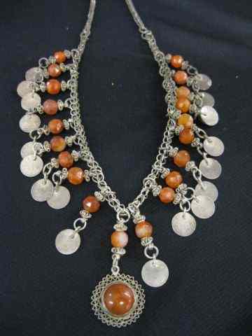 Appraisal: Iranian Silver Carnelian Necklace coin bead set '' long