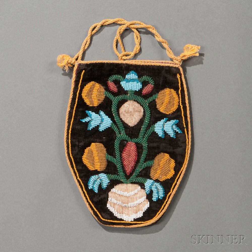 Appraisal: Iroquois Beaded Cloth Pouch c mid- th century with cord