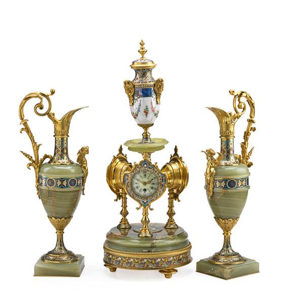 Appraisal: FRENCH CHAMPLEVE CLOCK AND BAROMETER GARNITURE Gilt bronze onyx porcelain