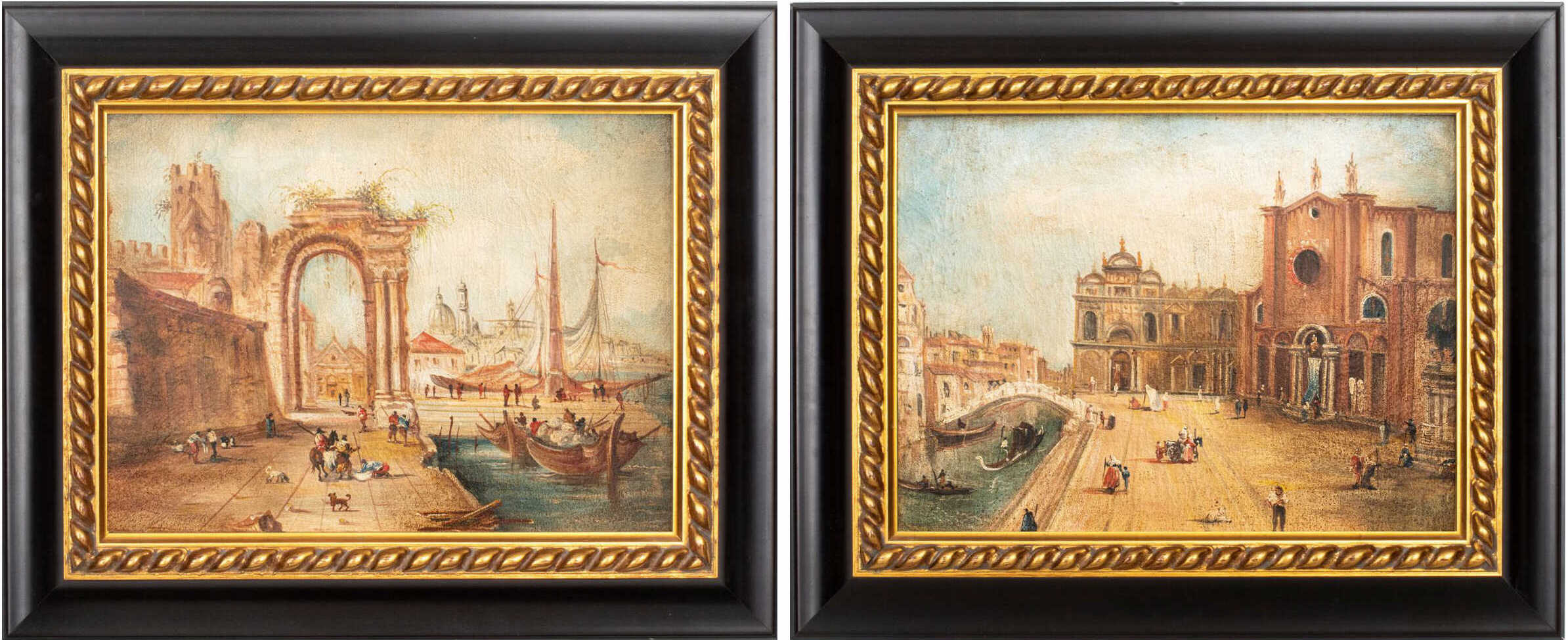 Appraisal: ANTIQUE VENETIAN SCENE OIL ON CANVAS PAIR Pair of antique