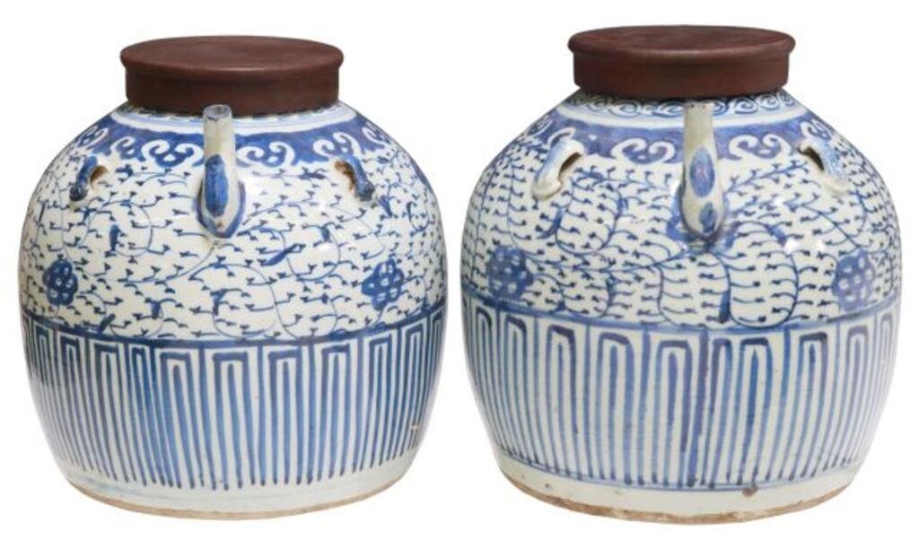 Appraisal: pair Chinese blue and white glazed porcelain oil jars having