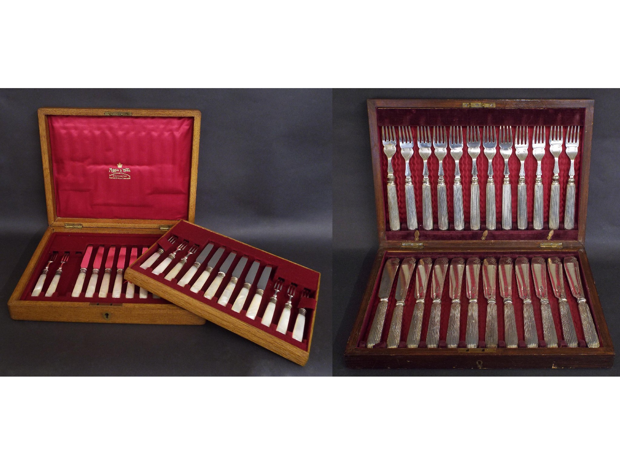 Appraisal: Cased canteen of fluted handled silver plated fish cutlery comprising