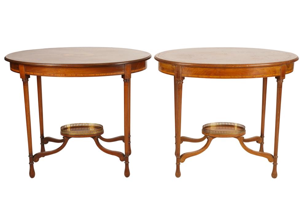 Appraisal: PAIR EDWARDIAN MARQUETRY MAHOGANY SIDE TABLESeach with an oval top