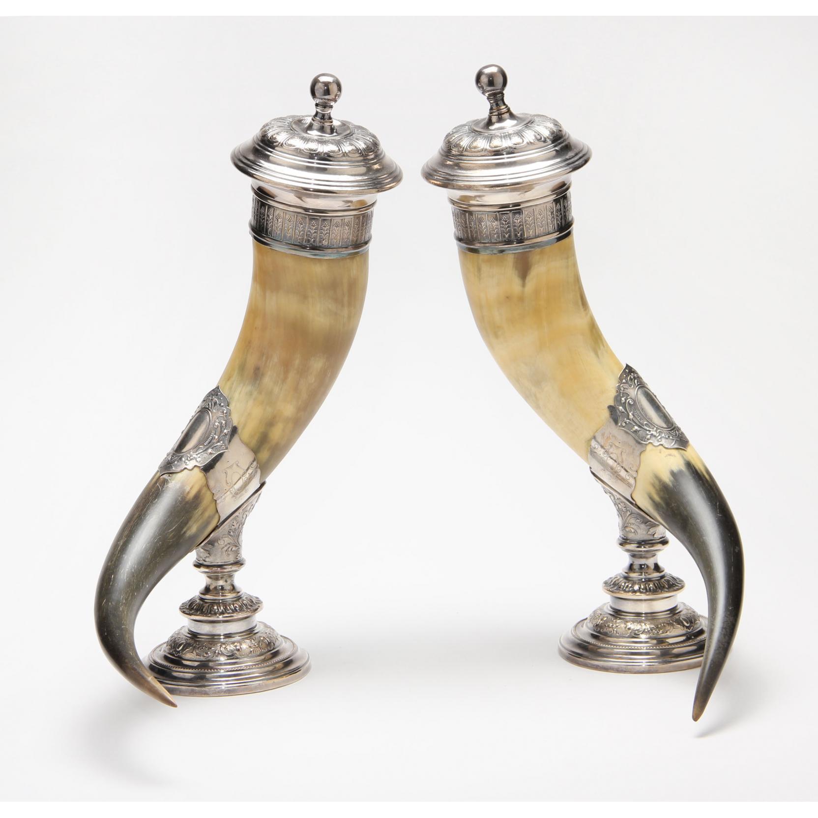 Appraisal: A Pair of Antique Silver Mounted Ceremonial Drinking Horns Continental