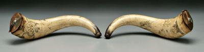 Appraisal: Pair engraved powder horns Britannia hearts with arrows young archer