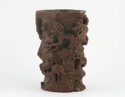 Appraisal: A Chinese bamboo brushpot carved with two cranes standing beside