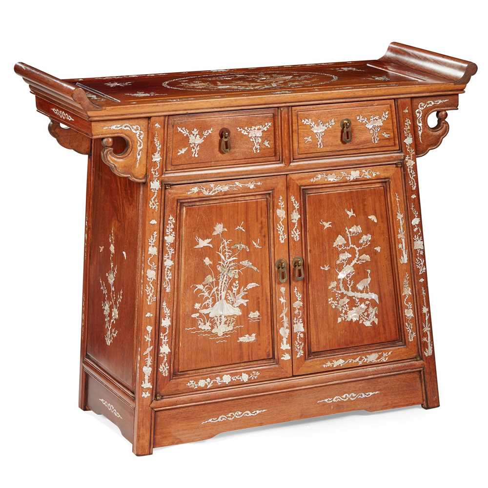 Appraisal: CHINESE HARDWOOD AND MOTHER-OF-PEARL AND ABALONE INLAID ALTAR CABINET EARLY