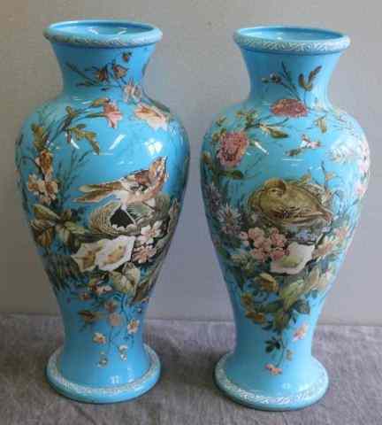 Appraisal: Pair of th Century Blue Opaline Vases withEnamel decoration From