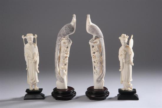 Appraisal: FOUR PIECES CHINESE IVORY Pair of figures of phoenix birds