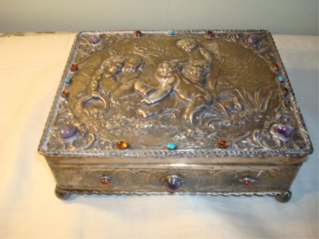 Appraisal: Silver and Bejeweled Box Decorated with Puttis From a Washington