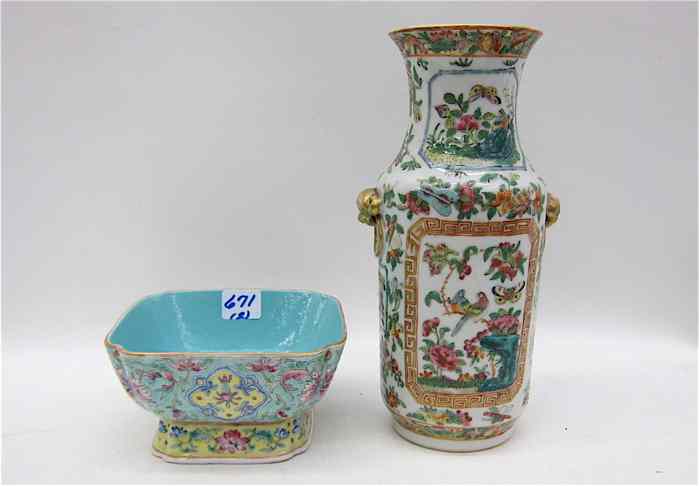 Appraisal: CHINESE ROSE CANTON PORCELAIN VASE AND PEDESTAL BOWL The vase