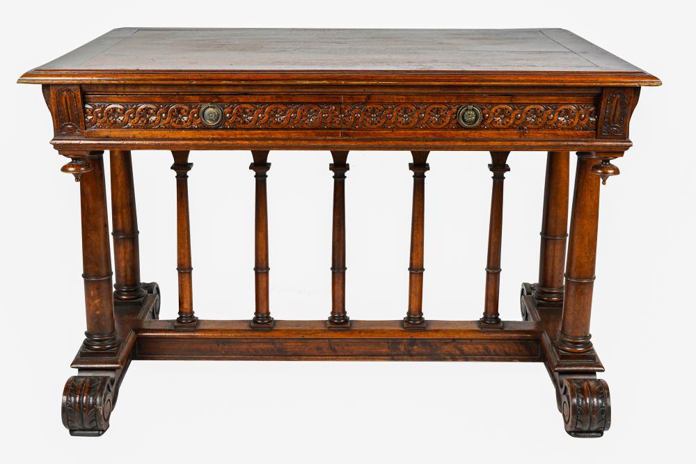 Appraisal: FRENCH RENAISSANCE STYLE WALNUT TABLE th century with two drawers