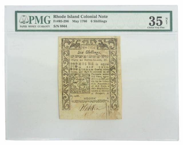 Appraisal: Rhode Island Colonial Note May six shillings SN printed by