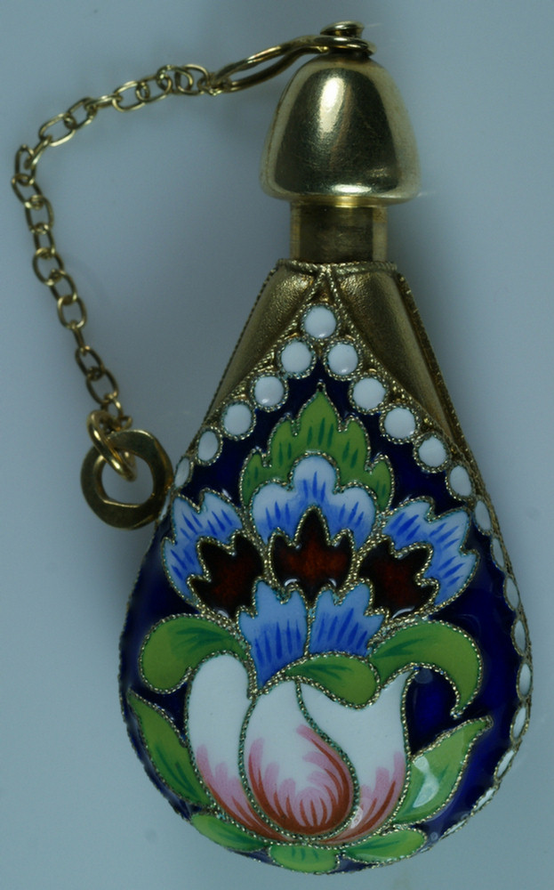 Appraisal: Enameled silver gilt perfume bottle in the shaded Russian enamel