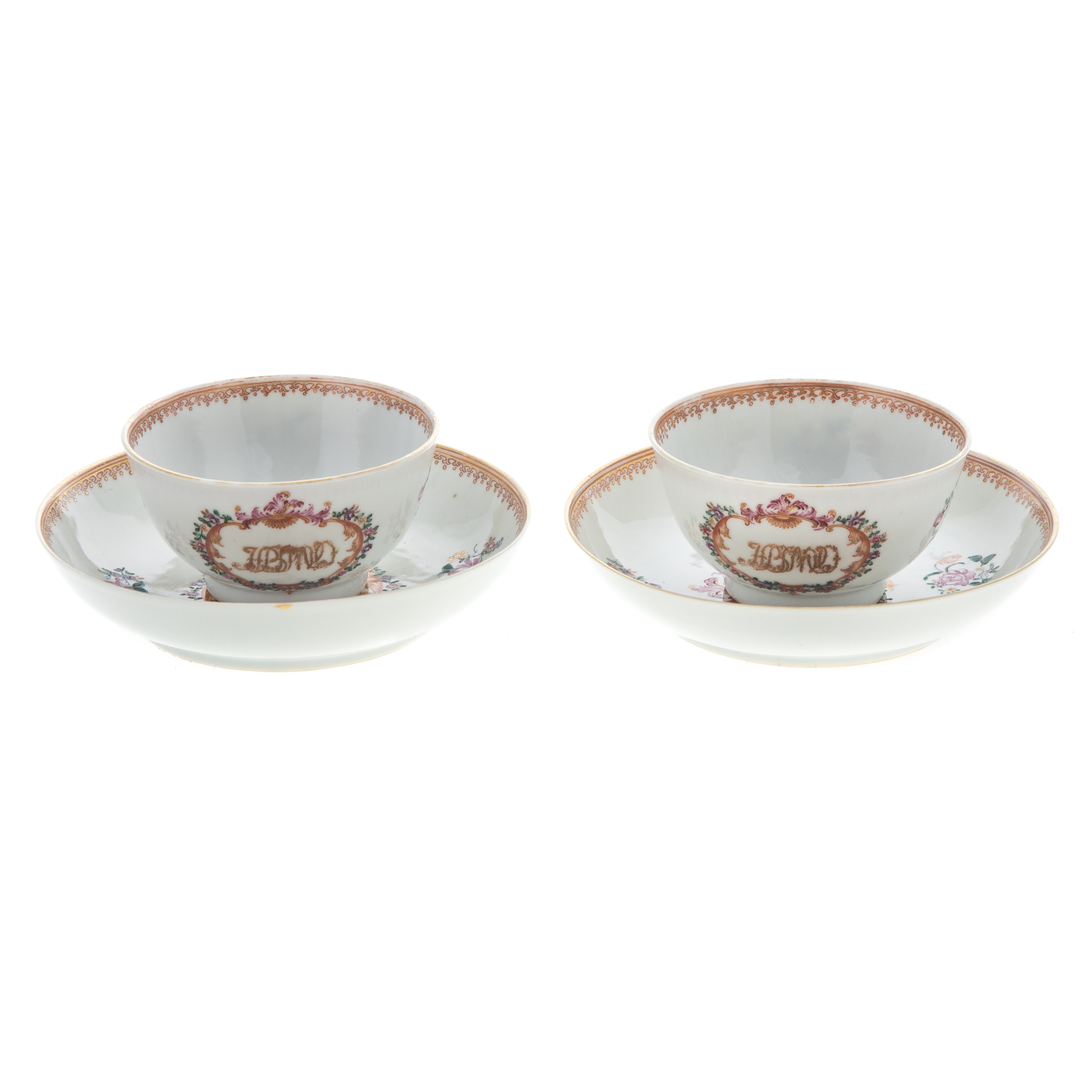 Appraisal: TWO CHINESE EXPORT FAMILLE ROSE TEA BOWLS SAUCERS Circa -