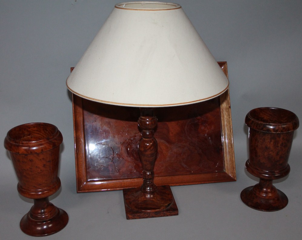 Appraisal: A modern burr elm desk set to include goblet vase