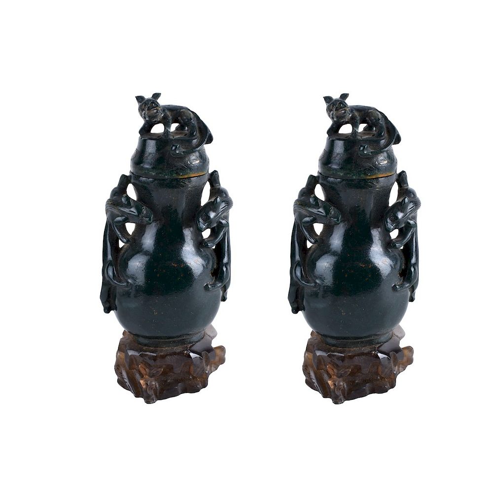 Appraisal: Pair of Antique Chinese Spinach Jade Covered Vases Pair of