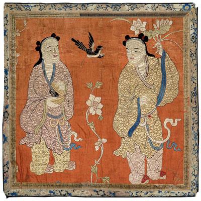 Appraisal: Chinese embroidery of Hehe Erxian the Laughing Twins silk fragment