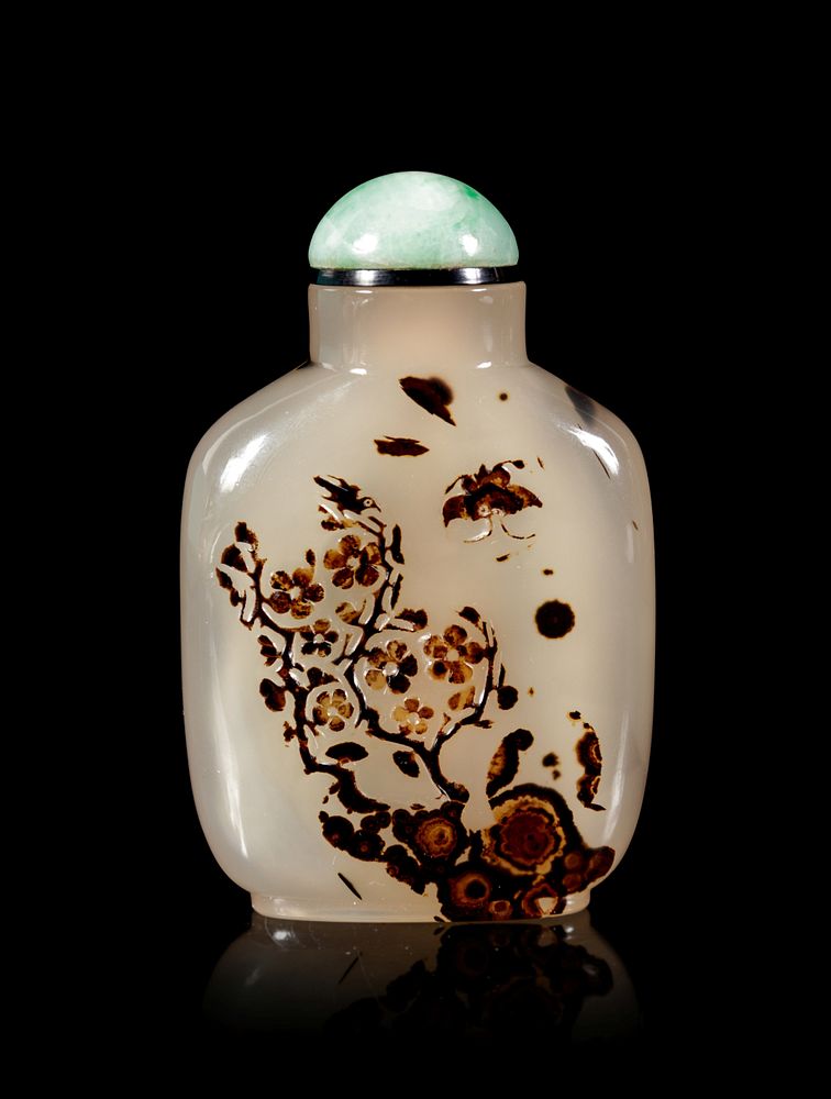 Appraisal: A Well Carved Silhouette Agate Snuff Bottle Height overall in