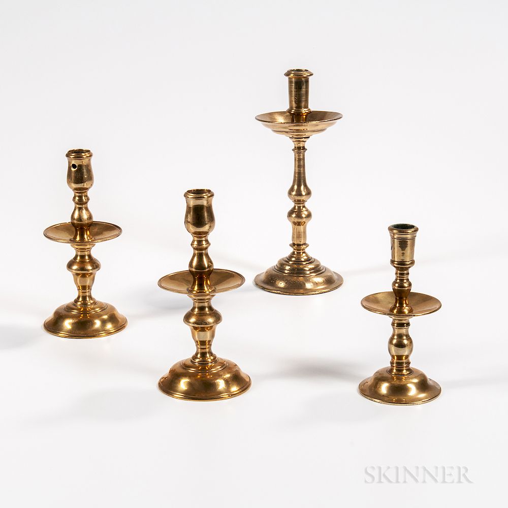 Appraisal: Four th Century European Brass Mid-drip Candlesticks Four th Century