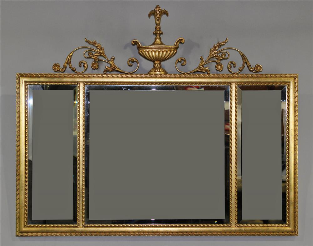 Appraisal: LA BARGE HEPPLEWHITE STYLE GILT PAINTED AND BEVELED TRIPLE PANEL