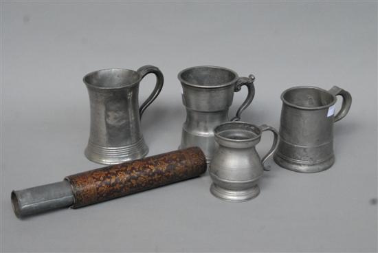 Appraisal: FIVE PIECE ANTIQUE PEWTER Four mugs and leather covered tender