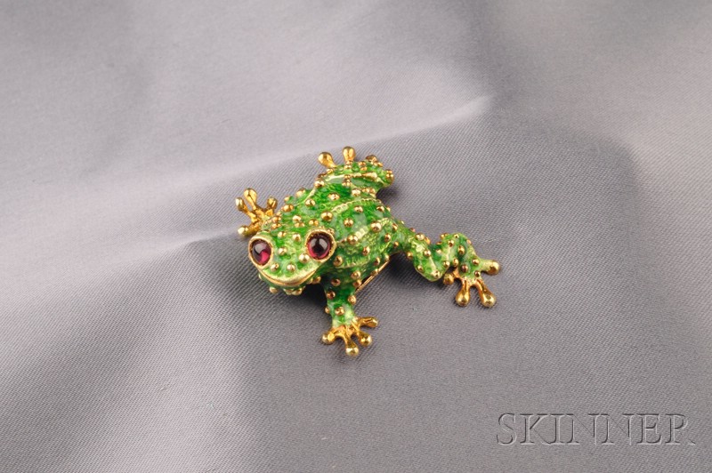 Appraisal: kt Gold Enamel and Ruby Frog Brooch Ruven Perelman with