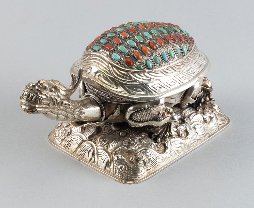 Appraisal: TIBETAN SILVER BIXI-FORM BOX LATE TH EARLY TH CENTURYTIBETAN SILVER