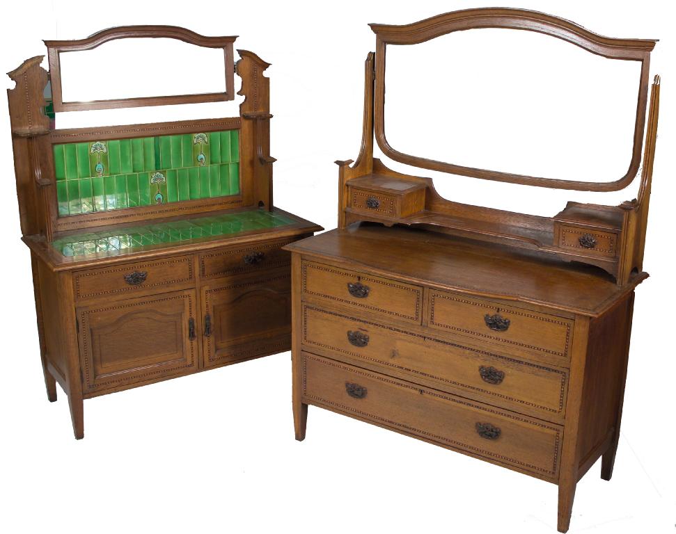 Appraisal: ENGLISH ART NOUVEAU OAK DRESSING CHEST AND WASHSTAND c the