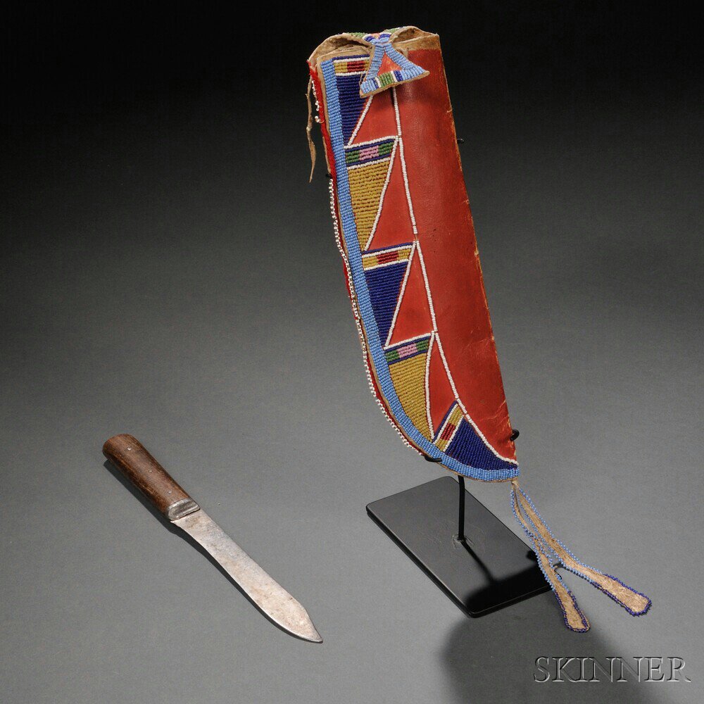 Appraisal: Crow Painted and Beaded Rawhide Knife Sheath c s s