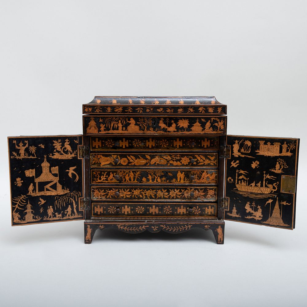 Appraisal: English Chinoiserie Silhouette Decorated Miniature Dressing Cabinet on Stand With