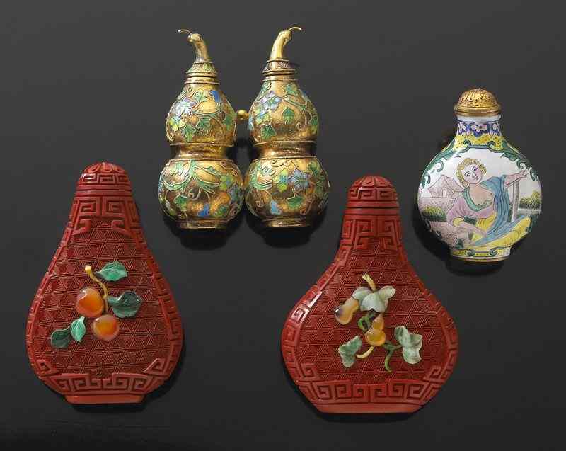 Appraisal: Chinese snuff bottles including cinnabar and enamel over bronze ''H