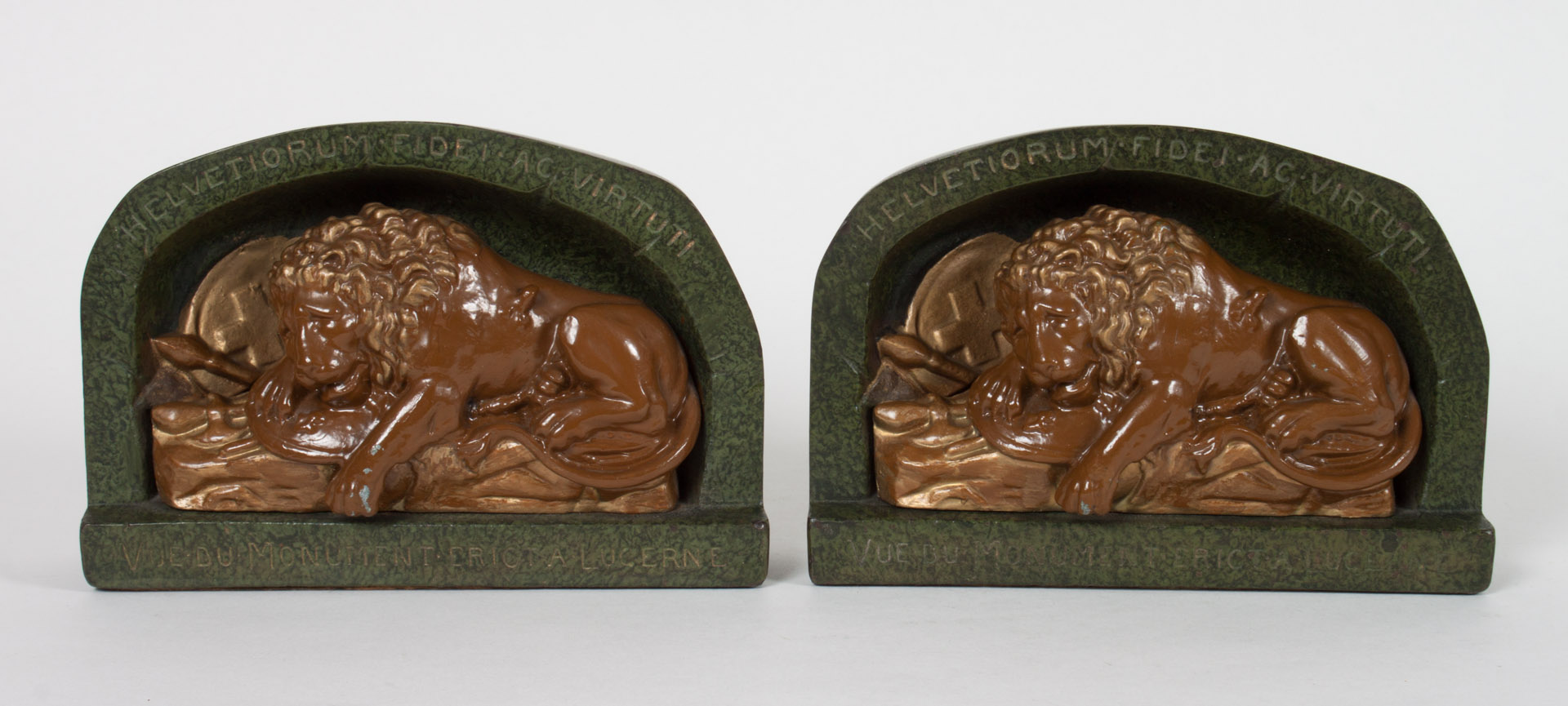 Appraisal: Pr of painted cast iron Lion of Lucerne bookends early