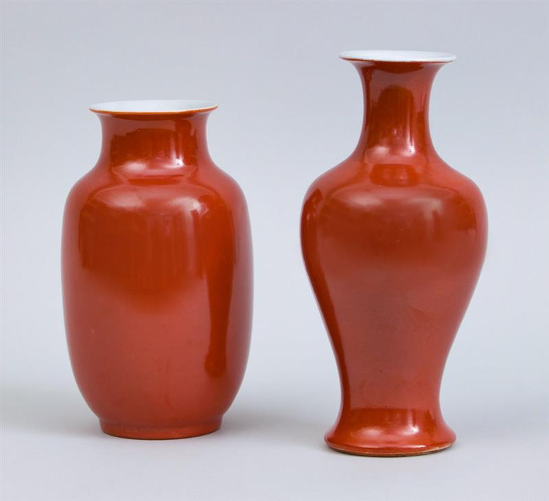 Appraisal: CHINESE CORAL-GLAZED PORCELAIN BALUSTER-FORM VASE AND A CORAL-GLAZED OVOID VASE