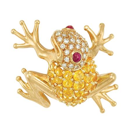 Appraisal: Gold Yellow Sapphire Diamond and Ruby Frog Pendant-Brooch Tiffany Co