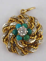 Appraisal: A yellow metal tests carat gold turquoise and diamond pendant