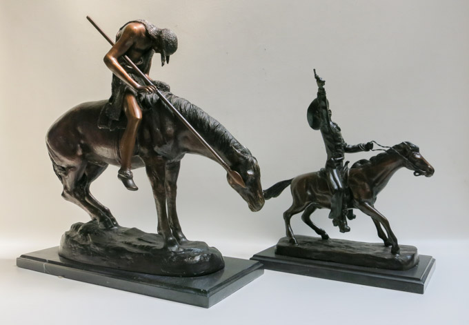 Appraisal: TWO PATINATED BRONZE SCULPTURES the first after Russell titled Theodore