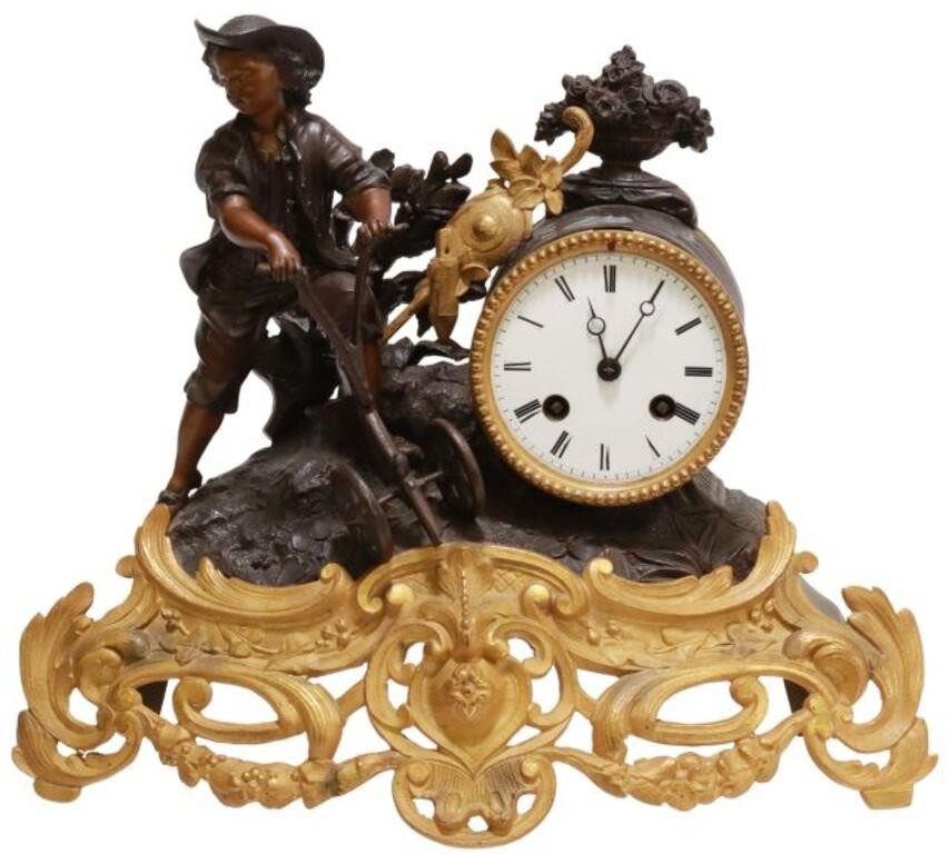 Appraisal: French patinated and gilt metal figural mantel shelf clock late