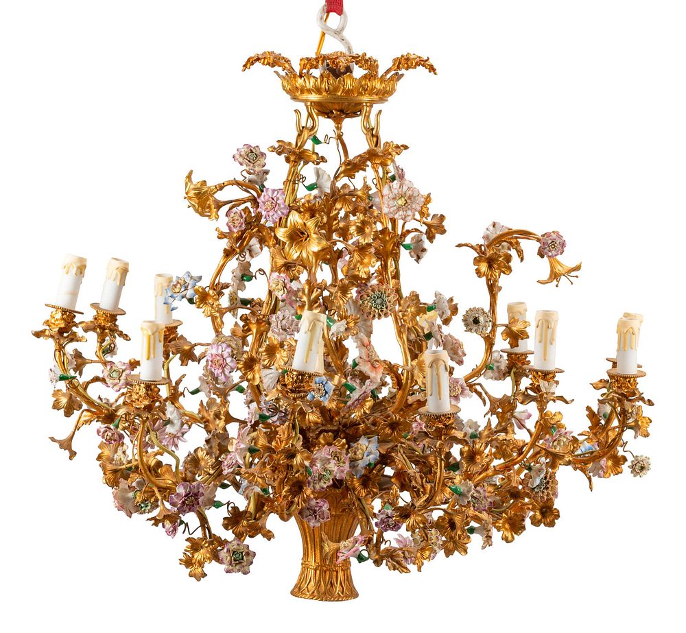 Appraisal: A Louis XV Style Gilt Bronze and Porcelain Basket-Form Chandelier