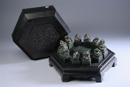 Appraisal: TWELVE SPINACH JADE ZODIAC SEALS AND INK BOX Early th