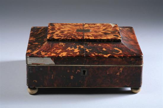 Appraisal: REGENCY TORTOISESHELL SEWING BOX early th century Rectangular the hinged