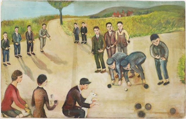 Appraisal: Unframed oil on wood panel painting Men Playing Bocce unsigned