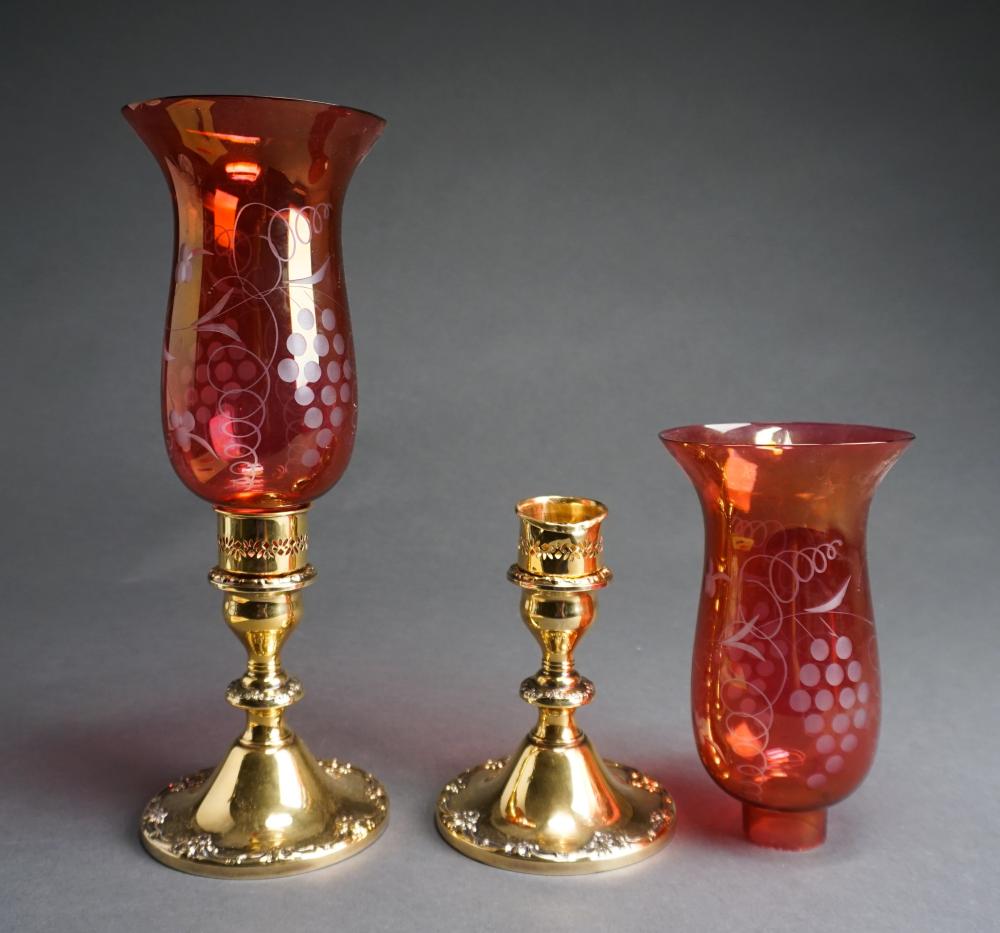 Appraisal: PAIR GORHAM WEIGHTED STERLING SILVER GILT CANDLESTICKS WITH RUBY HURRICANE