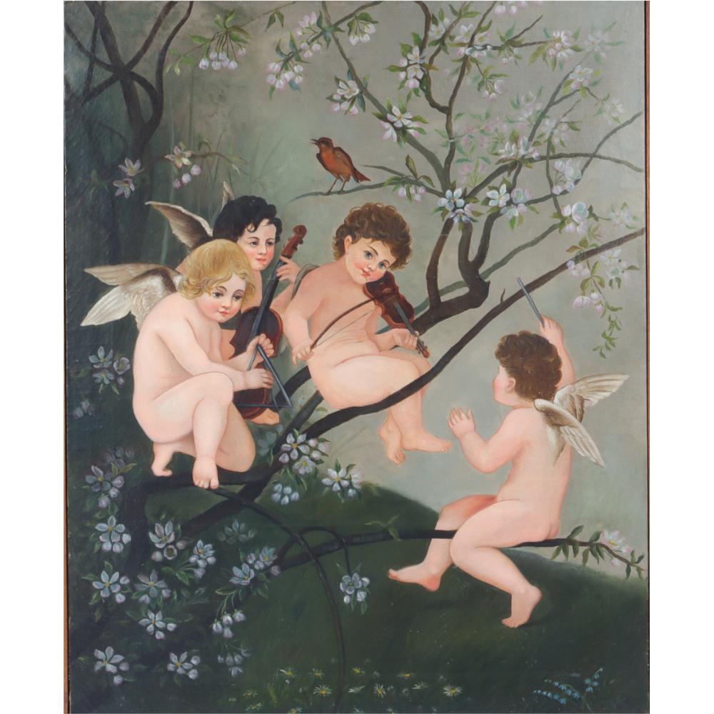 Appraisal: CONTINENTAL SCHOOL FOLK ART PAINTING CHERUBS WITH VIOLINS AND APPLE