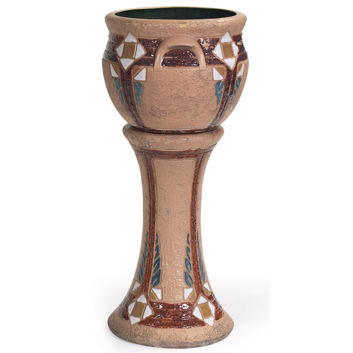 Appraisal: Roseville Mostique jardiniere and pedestal stylized floral design ''dia x