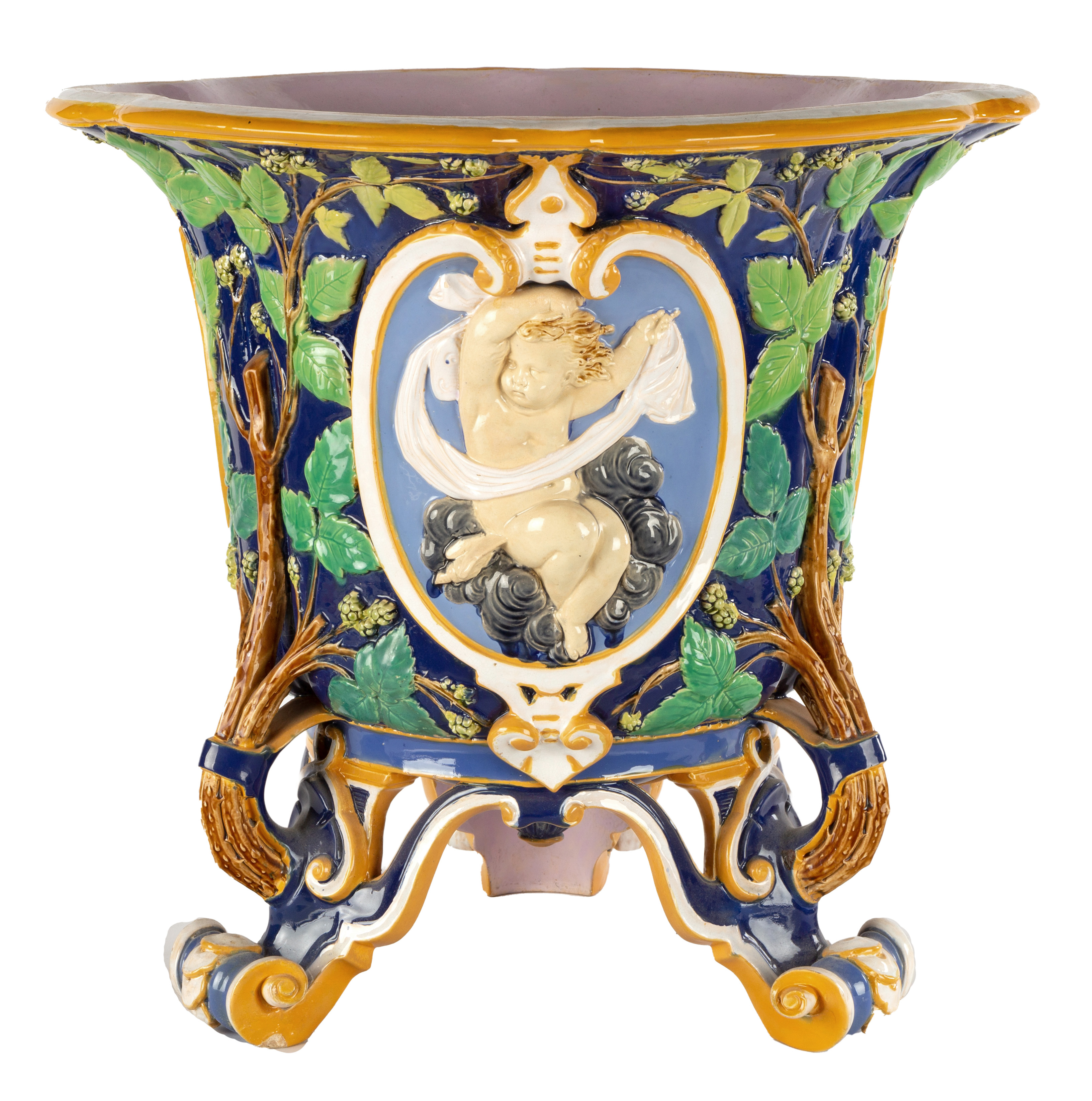 Appraisal: MINTON MAJOLICA JARDINIERE WITH PUTTI th century Puttis depicting earth