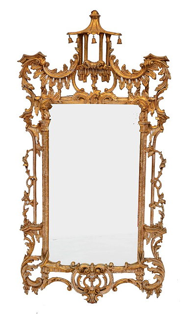 Appraisal: A CHIPPENDALE STYLE GILTWOOD HANGING WALL MIRROR with chinoiserie decorated