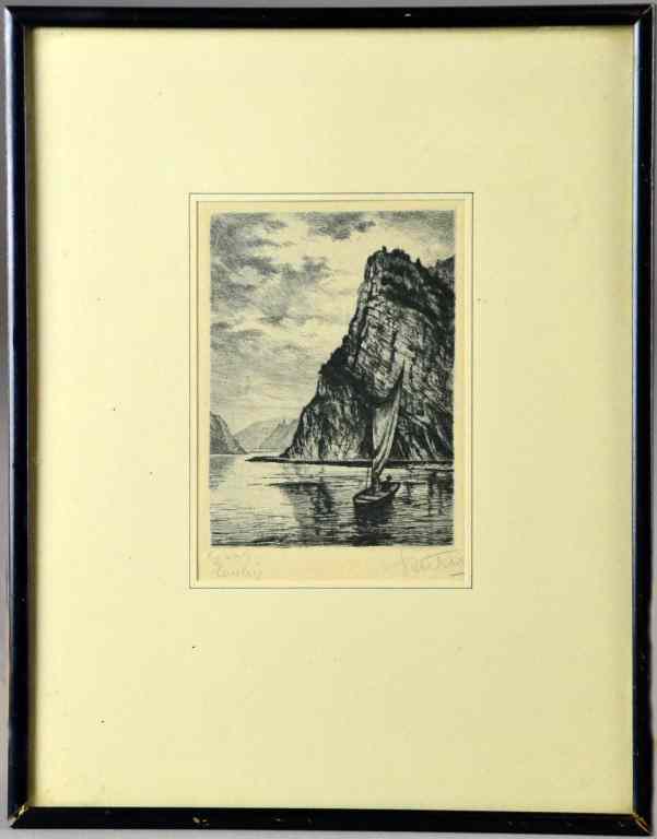 Appraisal: Etching - signed in pencilDepicting old sailboat on mountain lake